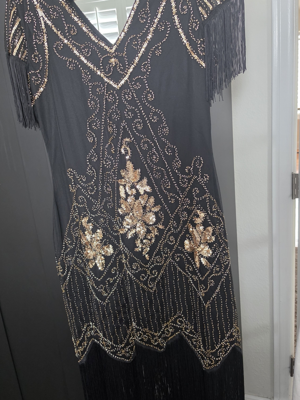 Black Flapper Dress with Gold Sequin Embroidery